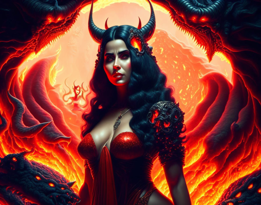 Fantastical woman with horns in fiery backdrop - mystical and demonic theme