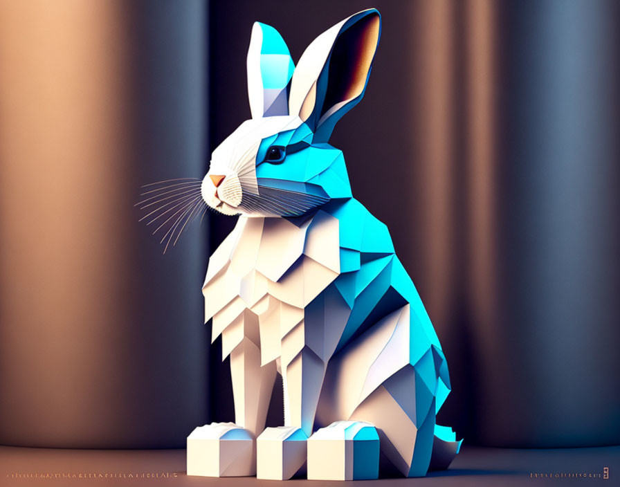 Geometric Blue and White Rabbit on Brown Background