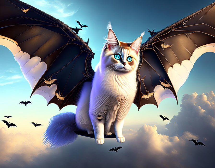 White Fluffy Cat with Bat Wings and Blue Eyes Perched Under Night Sky