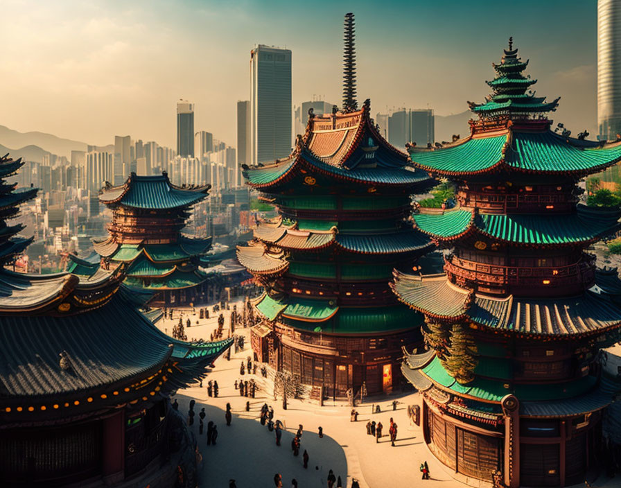 Traditional pagodas and modern skyscrapers blend in hazy skyline