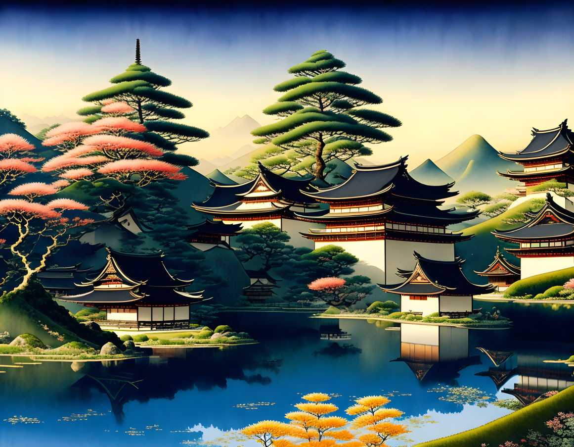 Traditional Asian Landscape: Pagoda Buildings, Cherry Blossoms, Mountains, Pine Trees, Reflective Lake