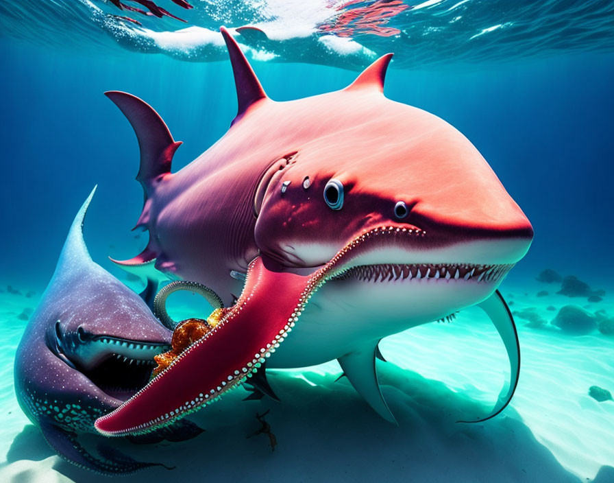 Colorful Shark and Octopus Artwork: Underwater Scene with Smiling Shark