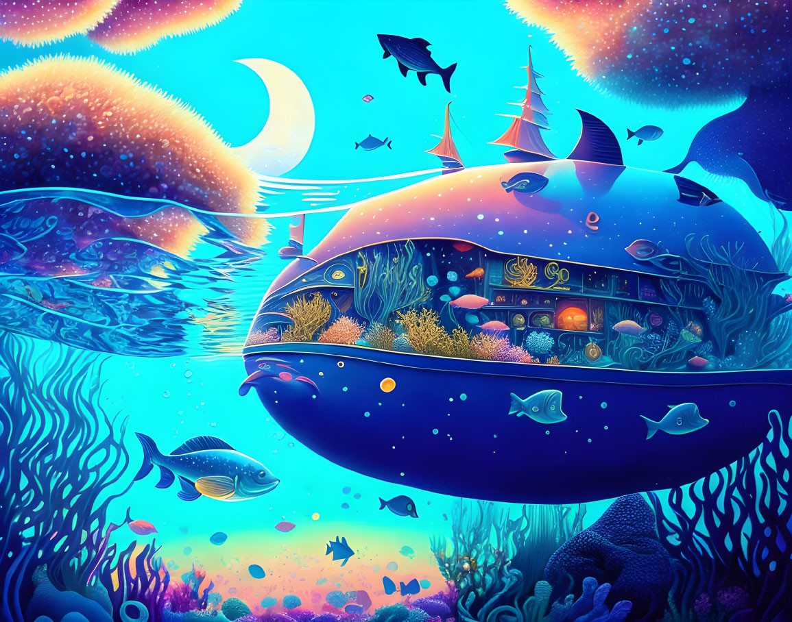 Colorful underwater scene with submarine, marine life, coral, and crescent moon