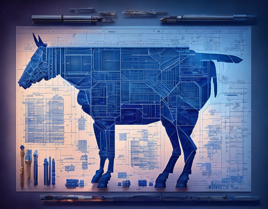 Detailed Mechanical Bull Blueprint with Schematics and Drafting Tools on Dark Background