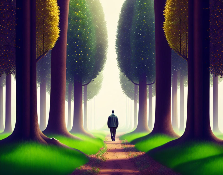 Person walking through mystical forest with glowing, colorful leaves