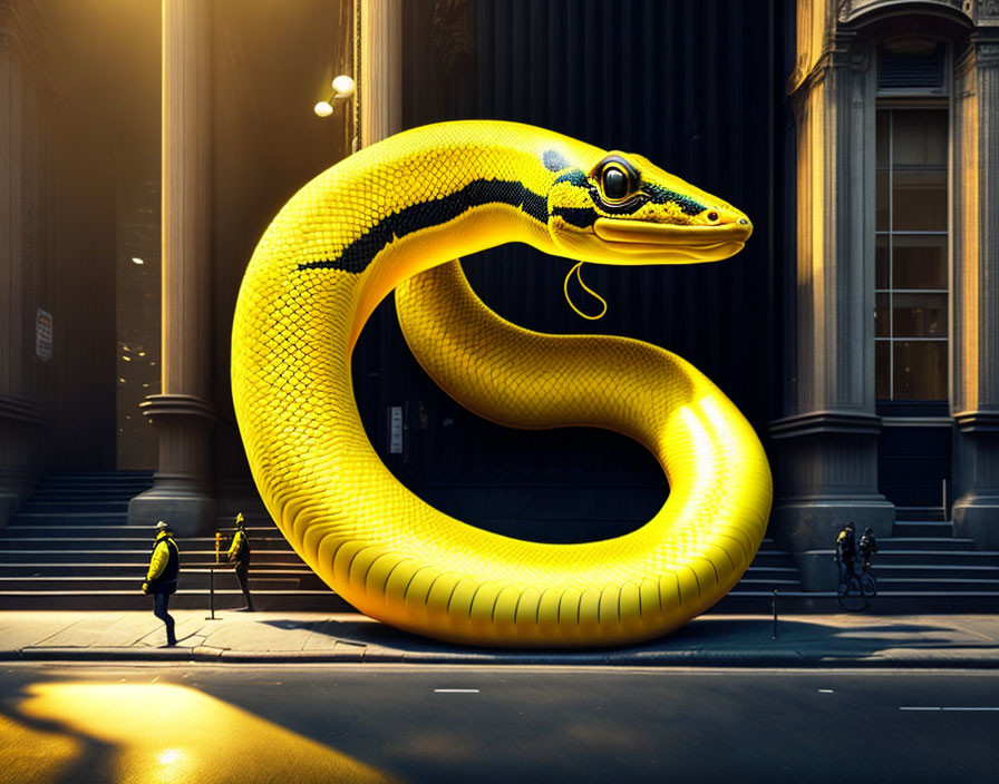 Enormous yellow snake overlooks city street with tiny human figures.