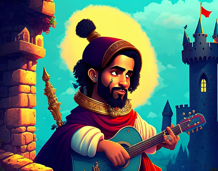 Medieval man playing lute with castle in vibrant background