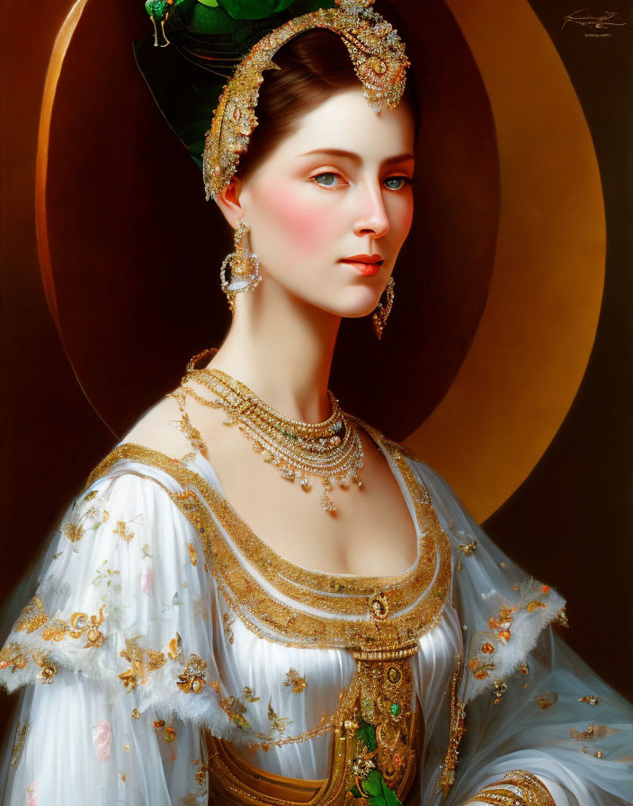 Historical attire portrait of a woman with ornate jewelry and headpiece on brown and gold backdrop