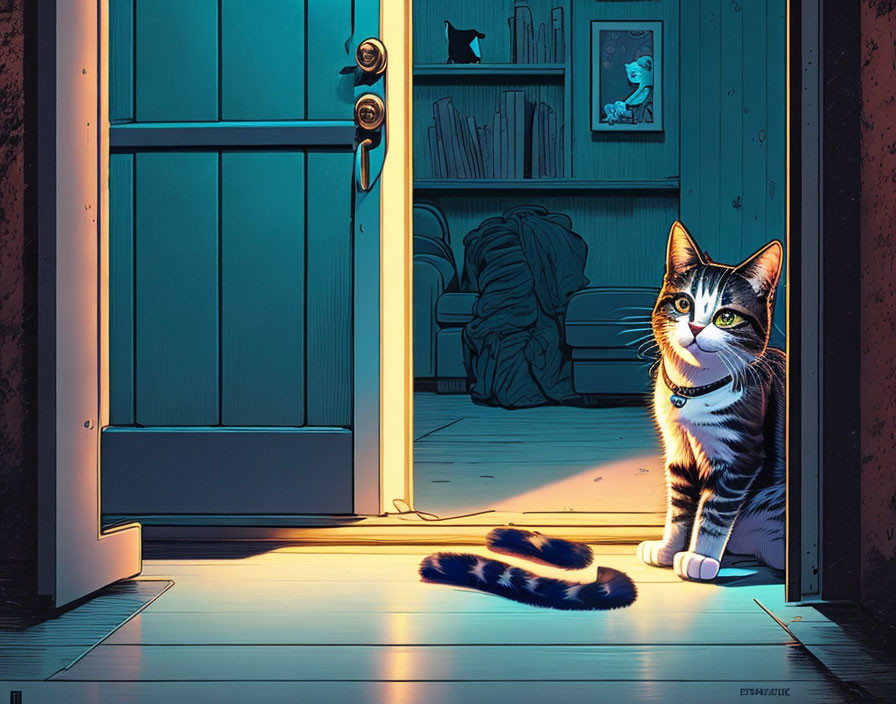 Tabby cat by open door at night with warm interior and cozy chair, casting long shadow