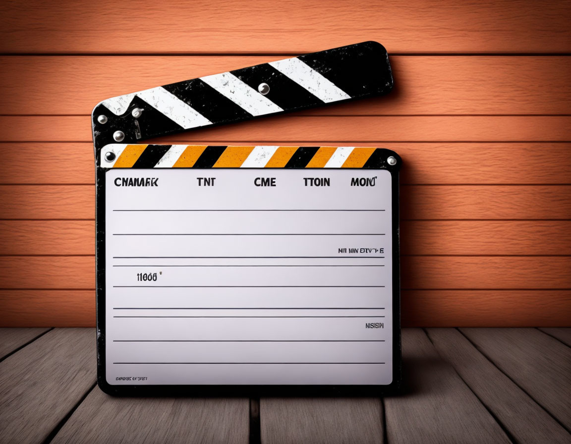 Film slate on wooden backdrop with black and yellow stripes