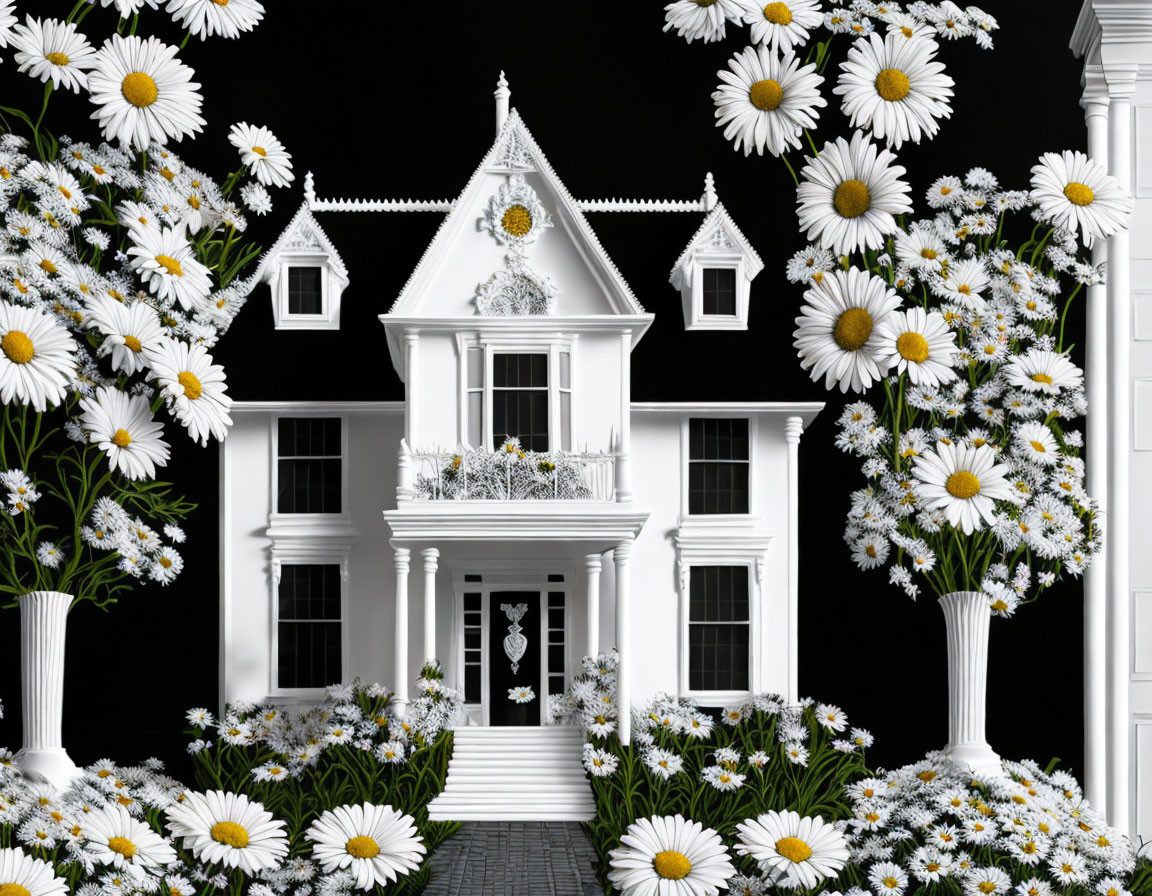 Victorian-style house with overgrown daisies on dark backdrop