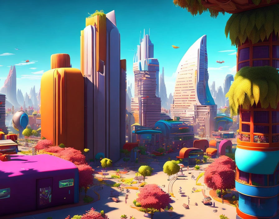 Colorful animated cityscape with futuristic buildings and flying vehicles