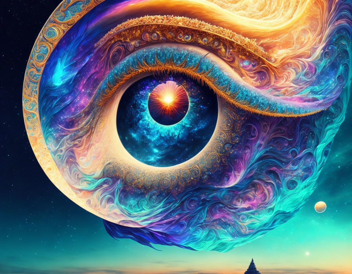 Colorful digital eye art with cosmic swirls and stars in blues, oranges, and purples