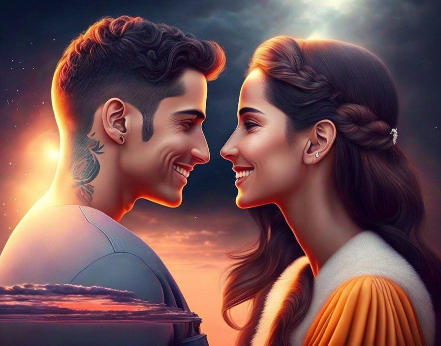 Smiling man and woman in romantic digital art against sunset sky