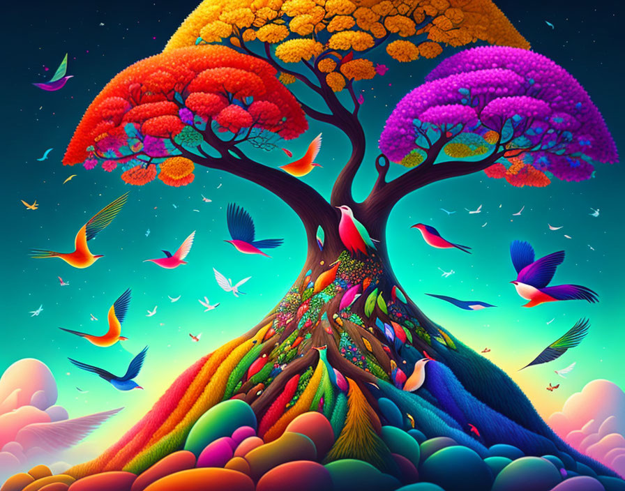 Colorful art: Whimsical tree, rainbow foliage, birds, starry sky