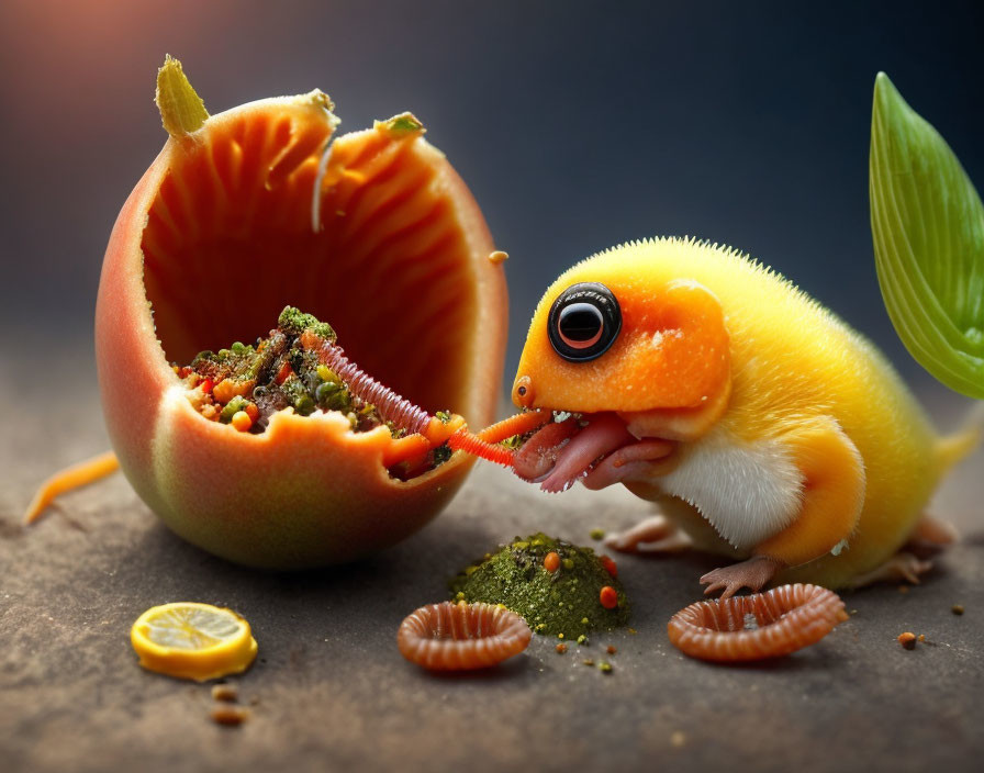 Yellow Caterpillar-Like Creature Eating Chocolate Wafer Rolls with Fruit