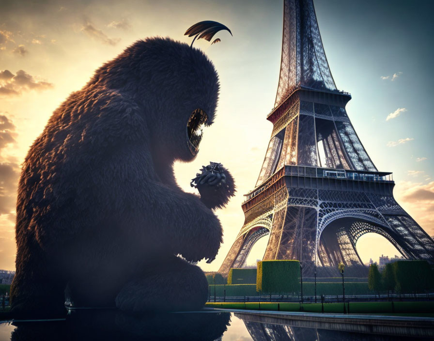 Gorilla near Eiffel Tower with sunset view and spiky object