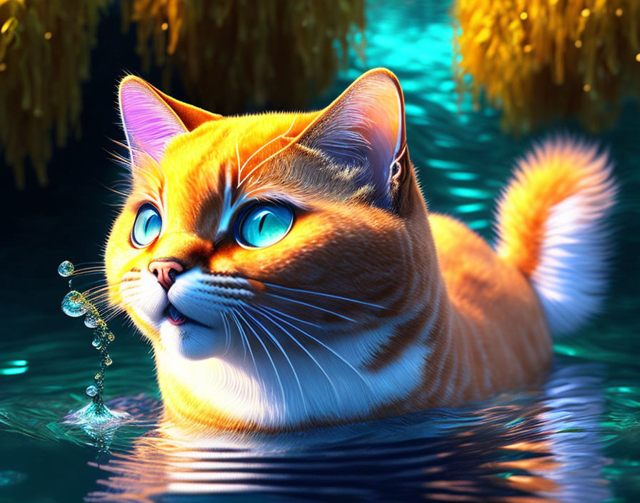 Detailed Illustration of Orange Tabby Cat Swimming in Water