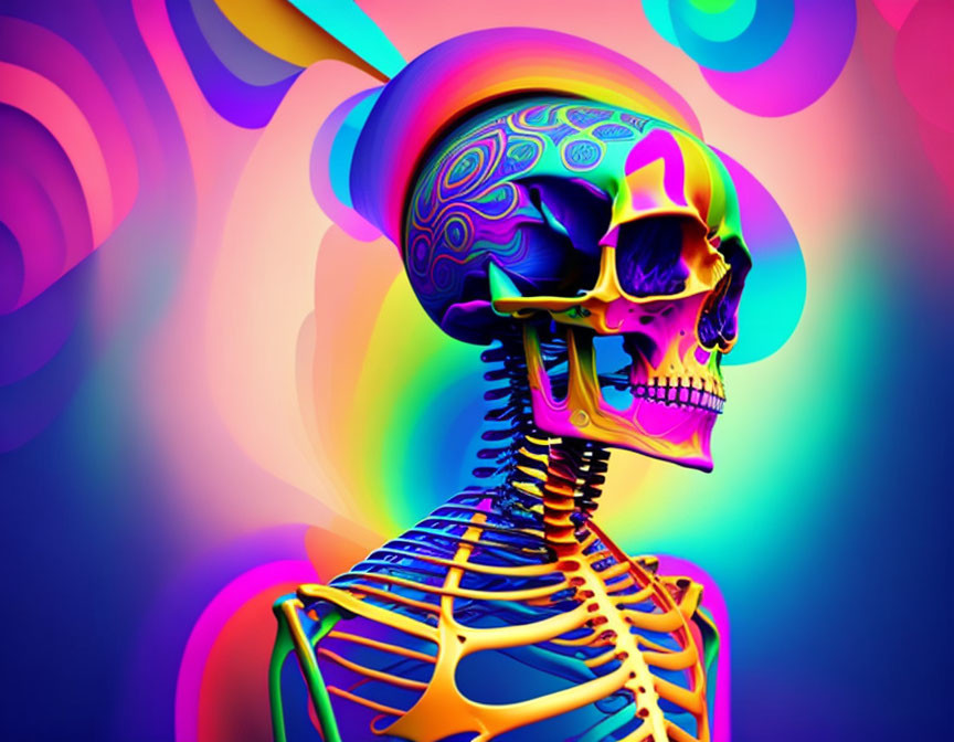 Vibrant human skeleton illustration on colorful abstract background