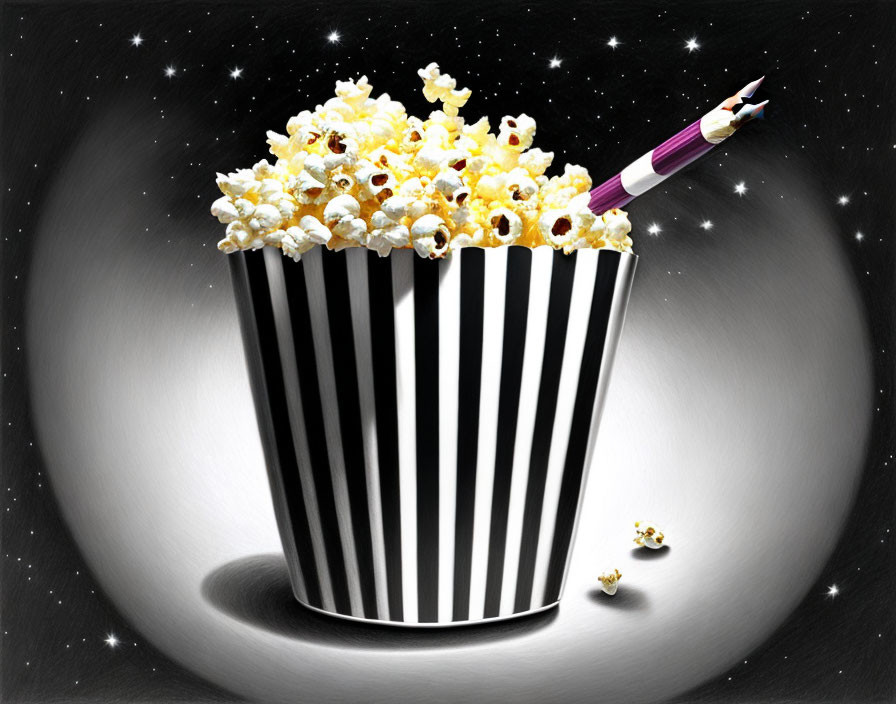 Striped Popcorn Bucket with Pencil Rocket in Galaxy Setting