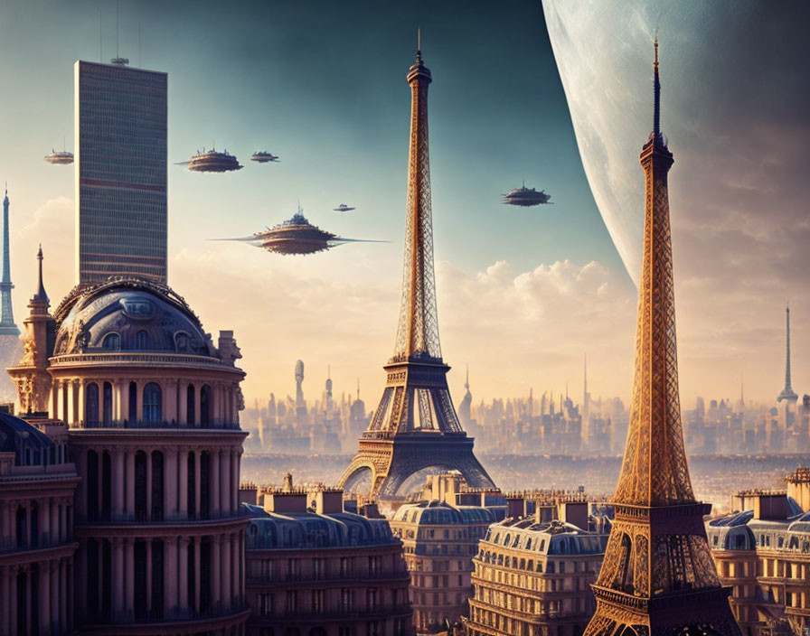 Futuristic Paris skyline with Eiffel Tower, flying saucers, and giant planet.