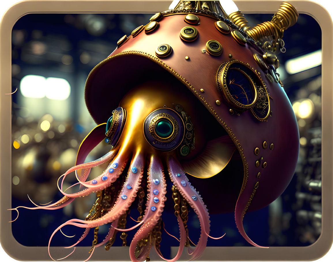 Steampunk mechanical octopus with brass detailing and illuminated tentacles