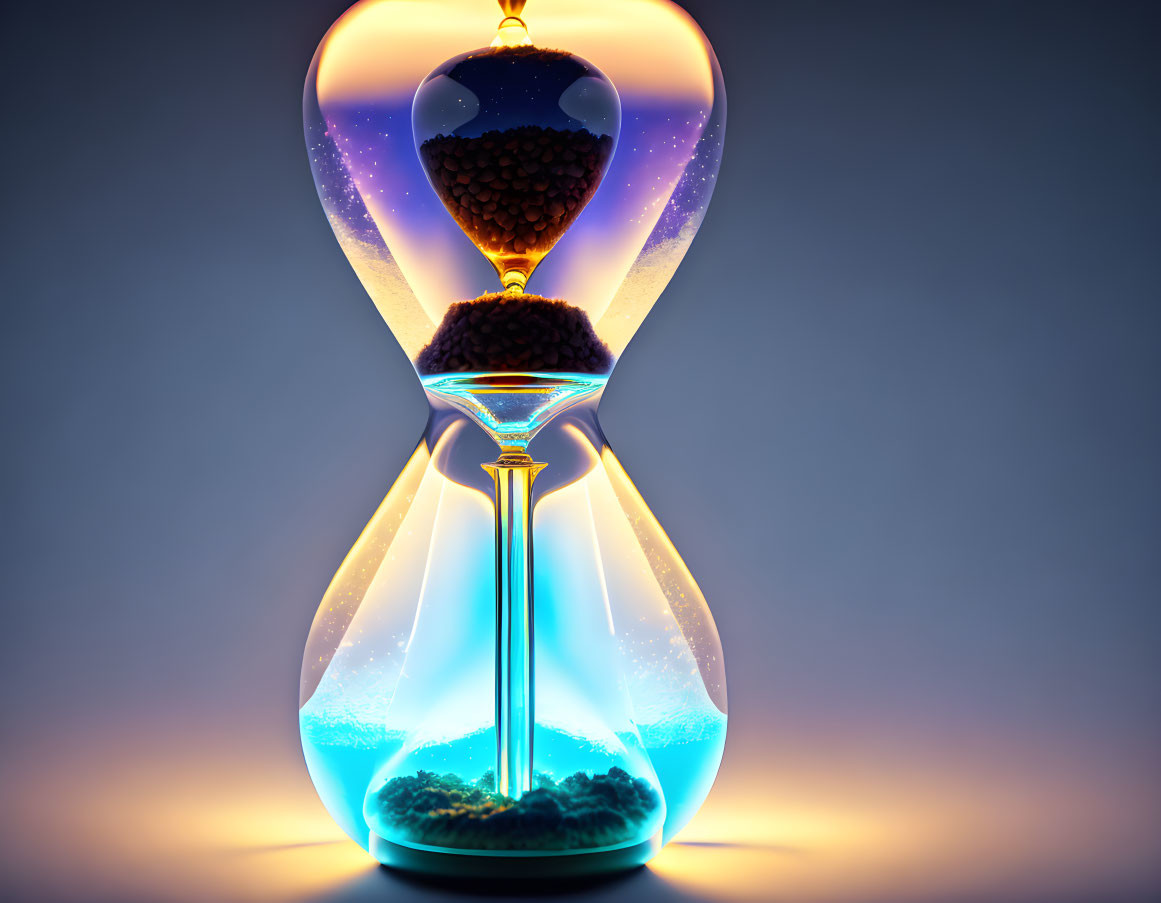 Glowing hourglass with blue light on gradient background