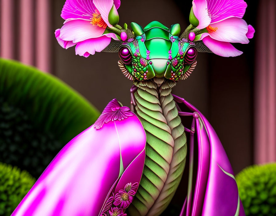 Colorful Digital Art: Stylized Iridescent Insect with Pink Wings on Soft Pink Background