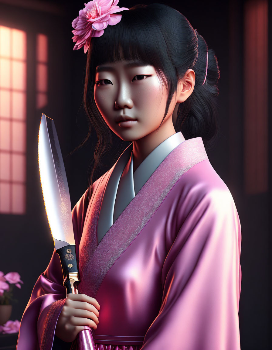 Digital artwork of East Asian woman in traditional attire with knife, by window.