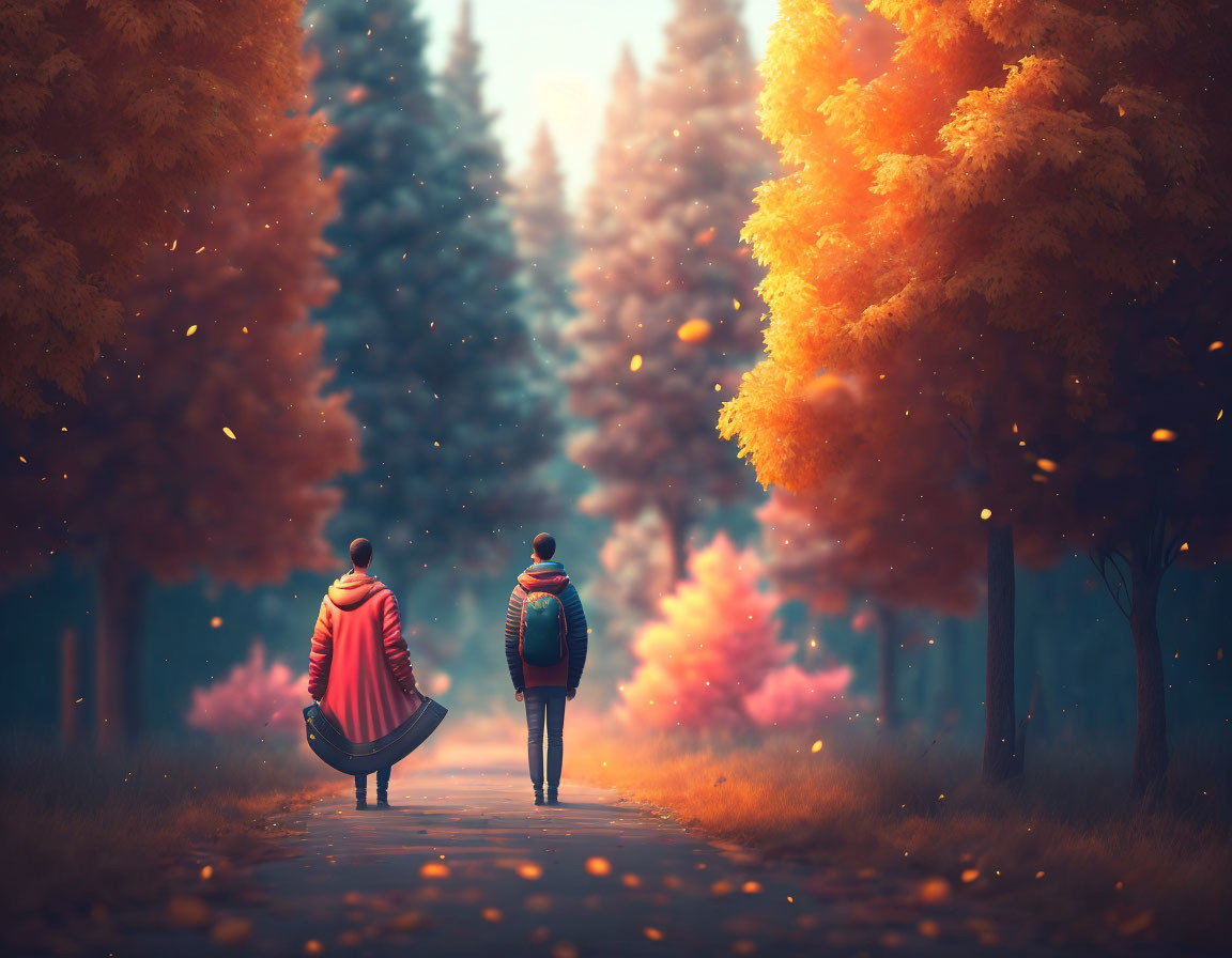 Autumn forest path with two people walking amid falling leaves