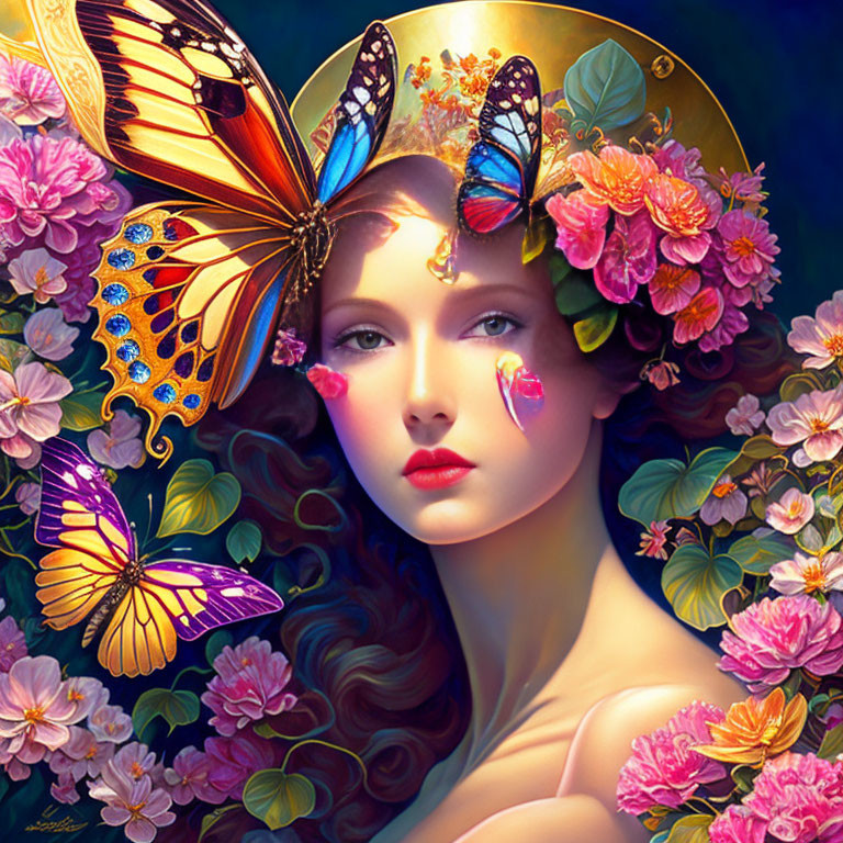 Digital artwork: Woman with flowers, butterflies, vibrant colors & fantasy theme