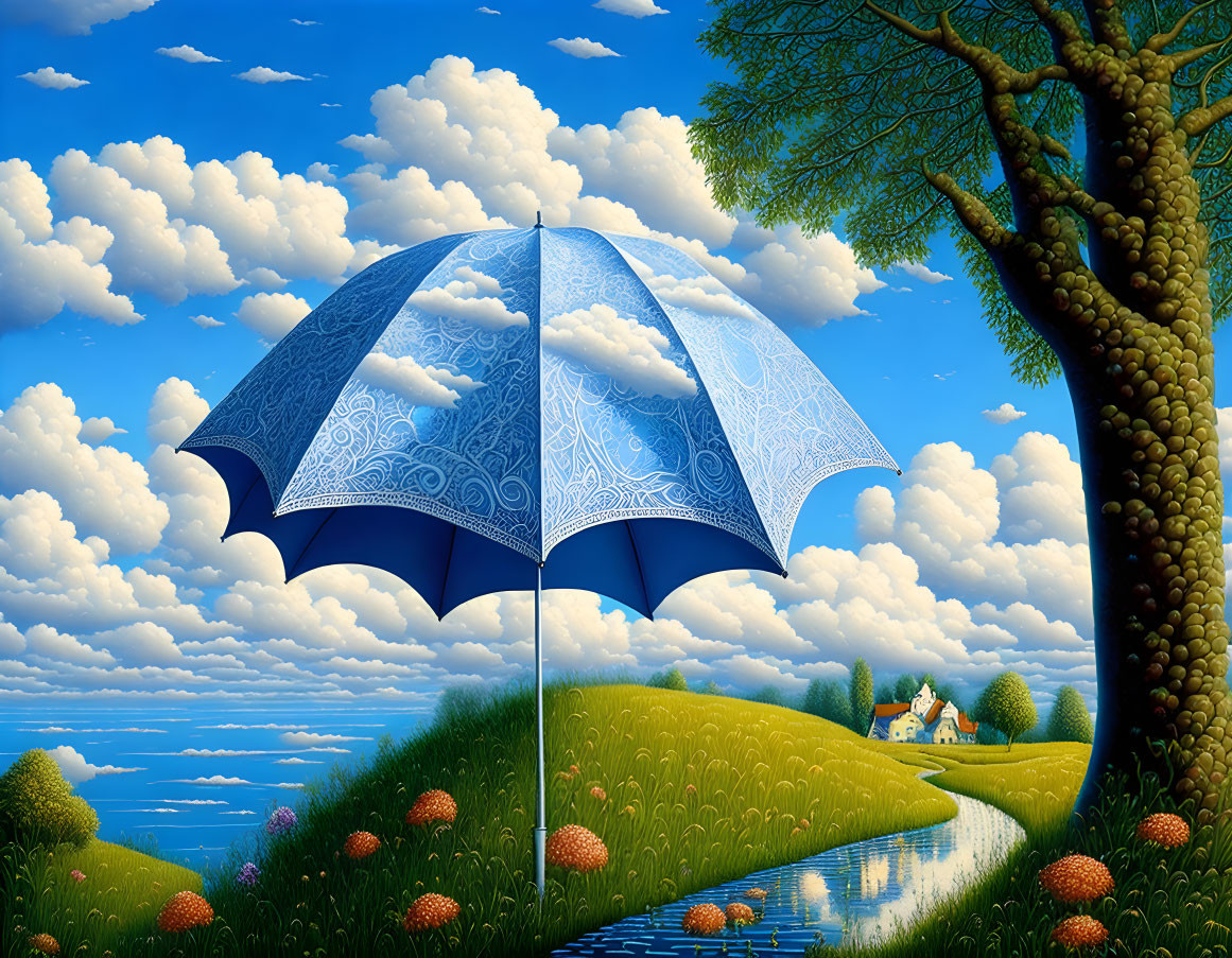 Oversized blue patterned umbrella in surreal landscape