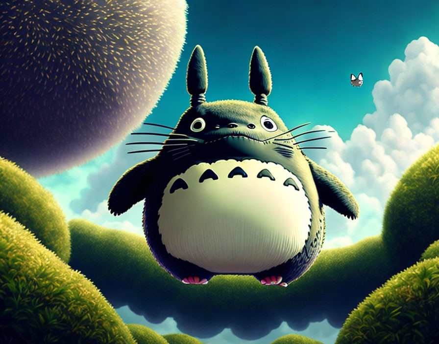 Whimsical Totoro in Green Landscape with Butterfly