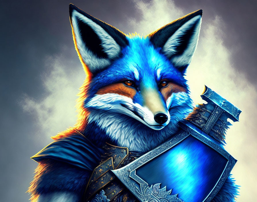 Fox with human-like features in ornate armor and shield