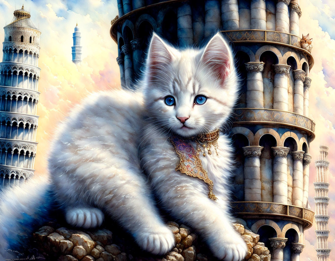 White kitten with blue eyes at Leaning Tower of Pisa with golden collar