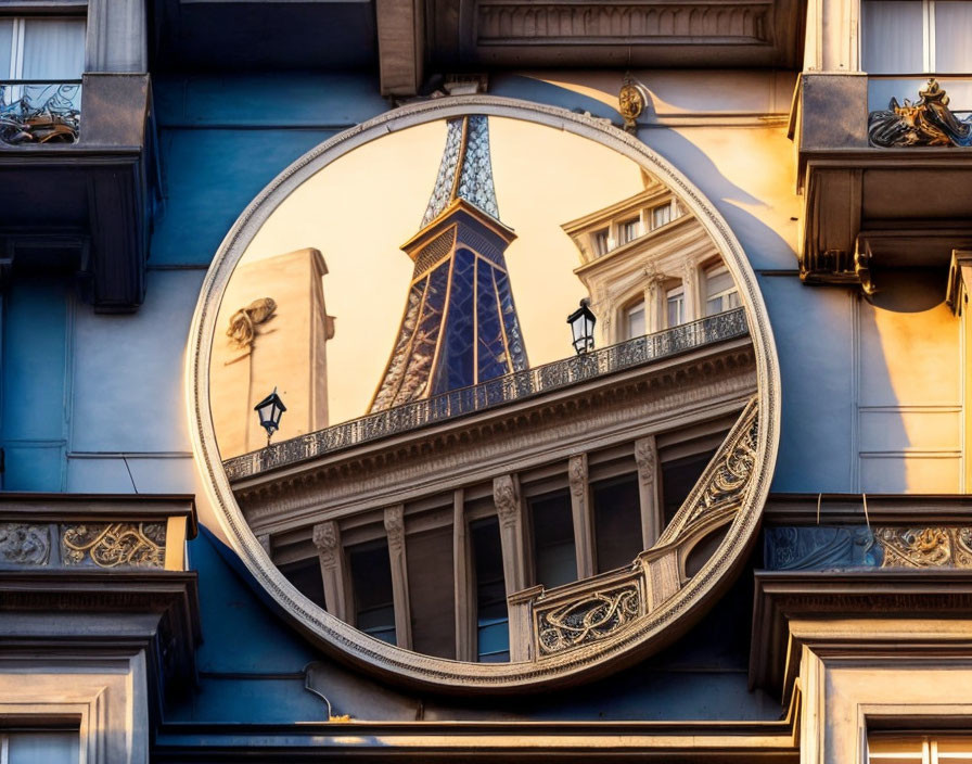 Round mirror reflects building balcony and blue sky