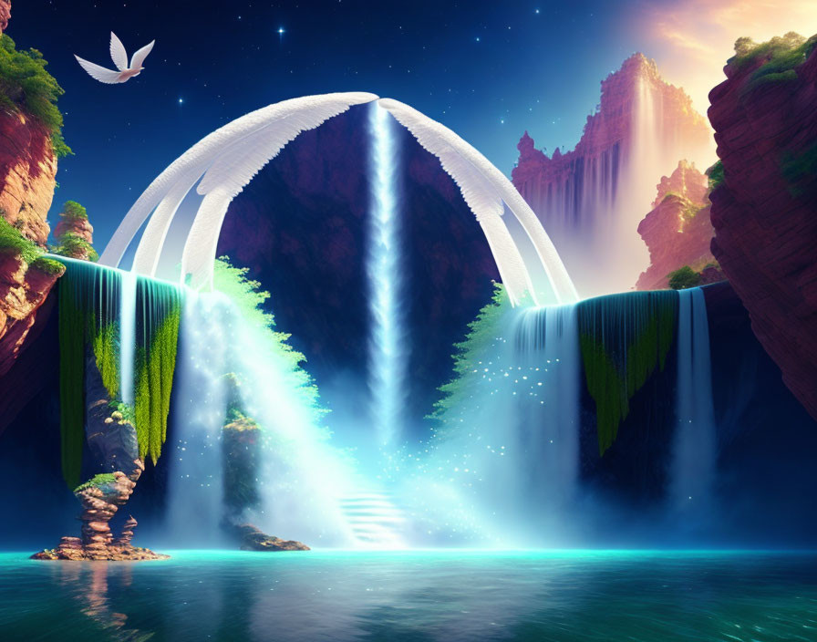 Luminous arched structure over waterfall with cliffs and bird in twilight landscape