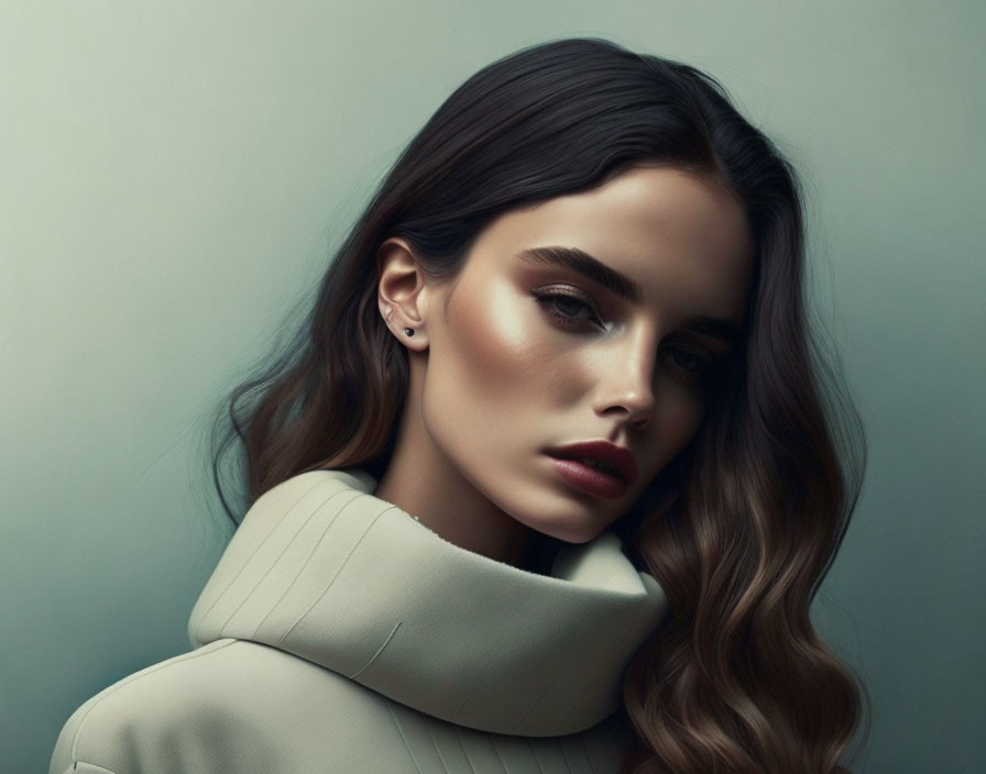 Portrait of woman with wavy hair and high-neck beige top on grey background