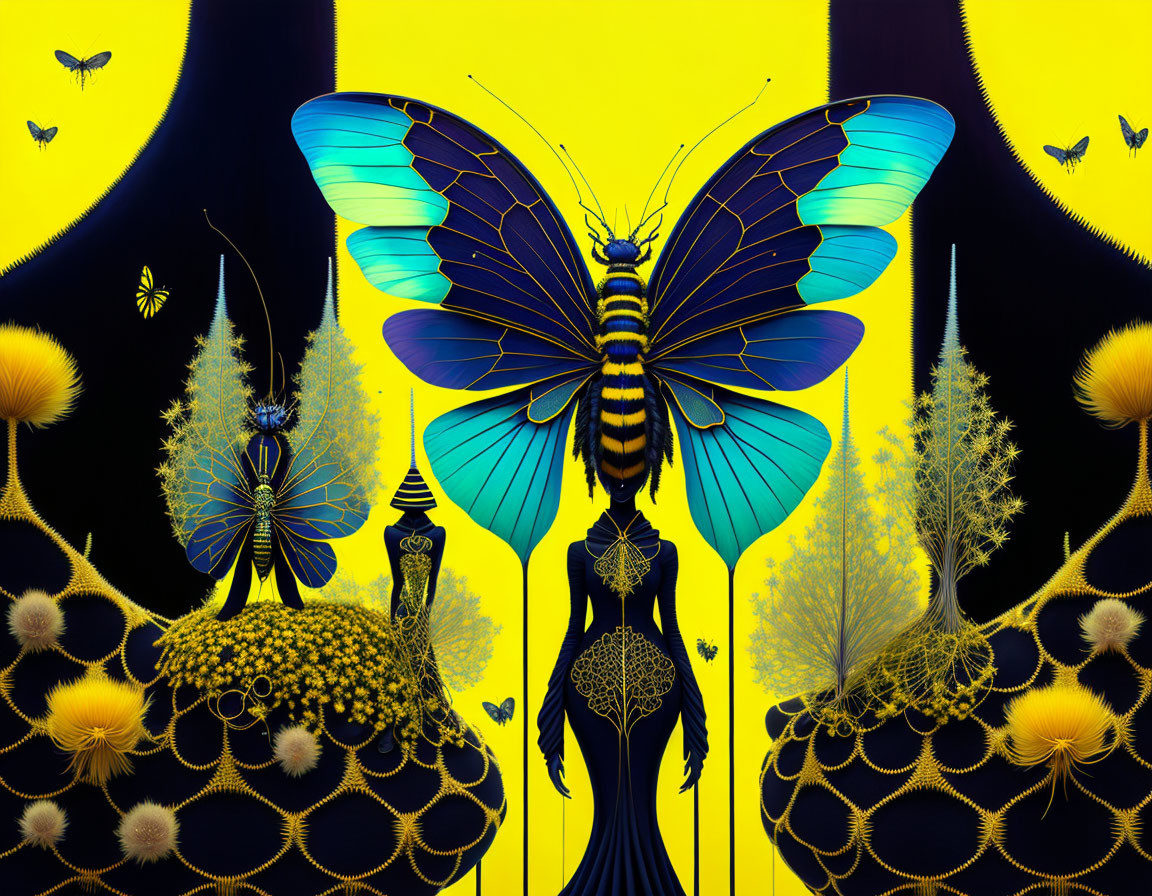 Colorful digital artwork: Blue and yellow butterfly with intricate patterns on yellow background