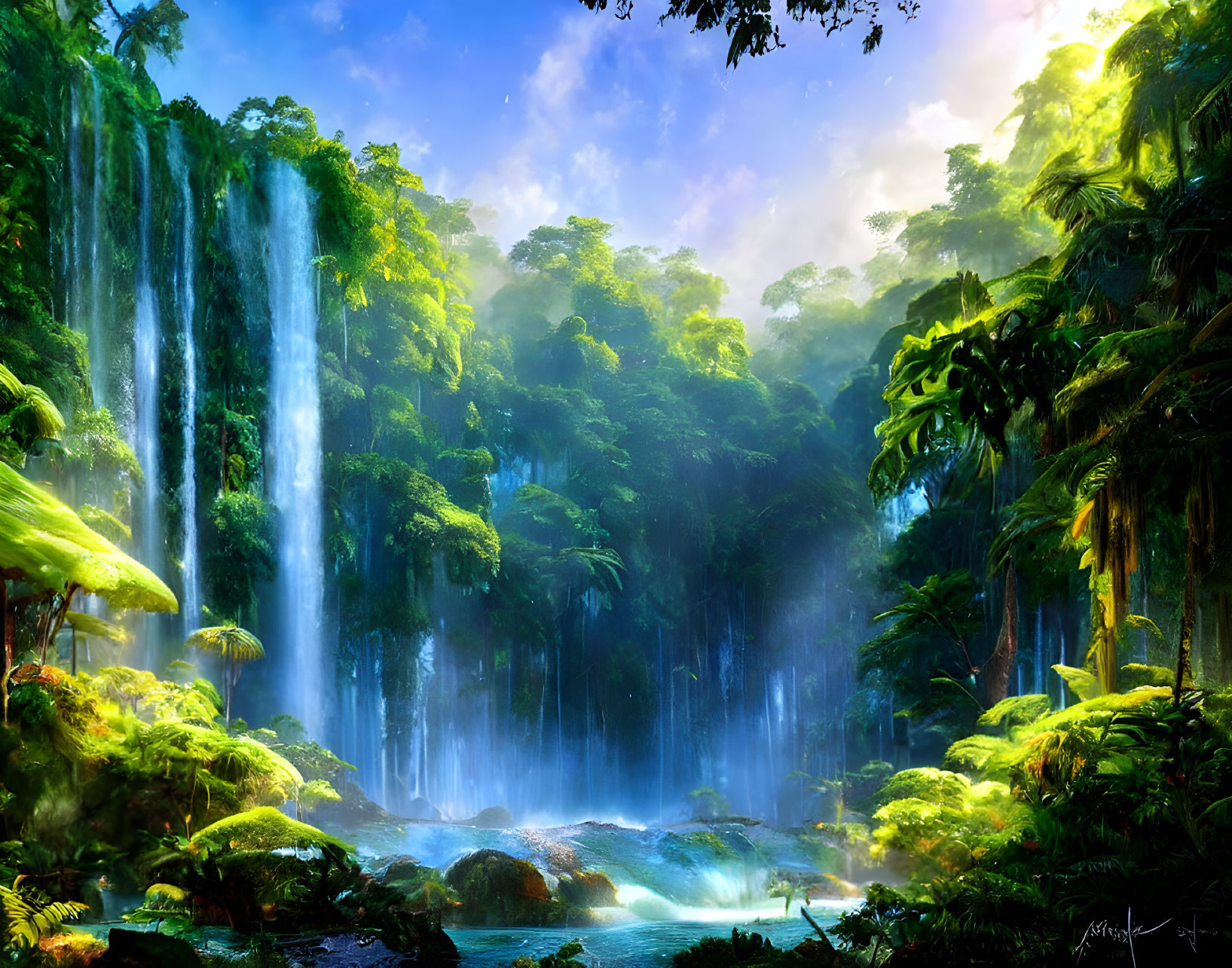 Majestic waterfall in lush rainforest with sunlight filtering through.