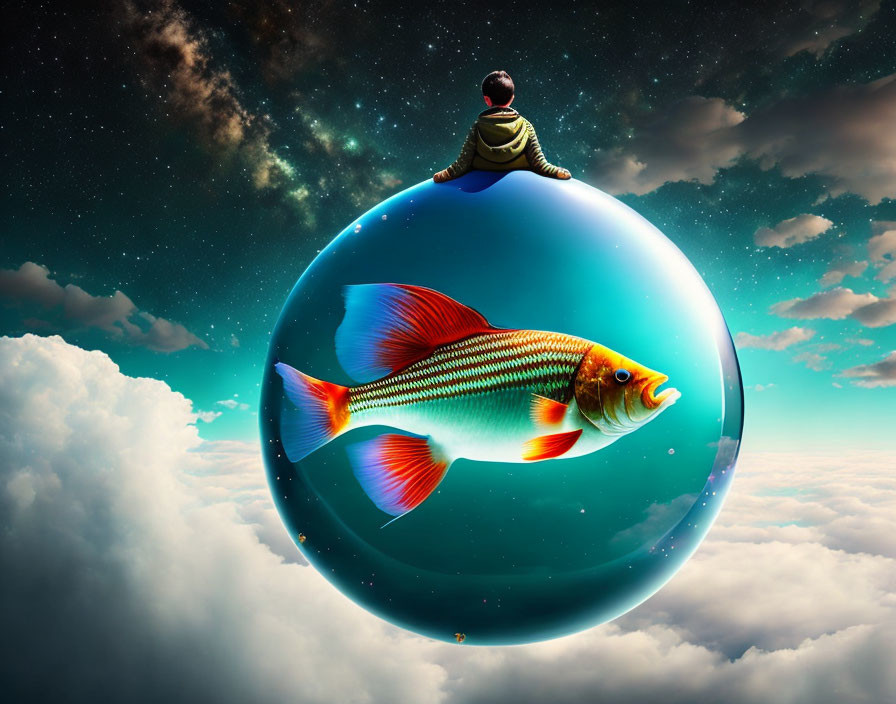 Person riding giant colorful fish in surreal sky above planet