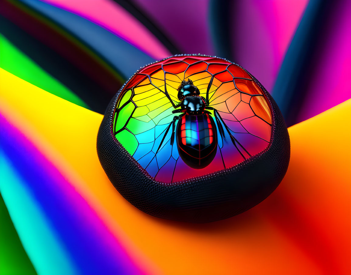 Colorful Beetle on Rainbow Stained Glass Sphere and Background