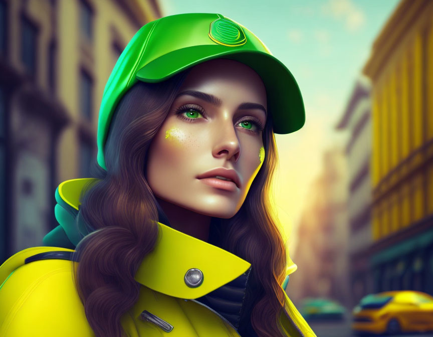 Digital Art: Woman with Brown Hair in Green Cap and Yellow Jacket