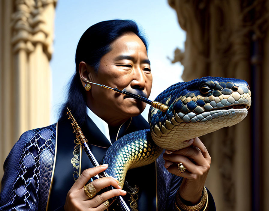 Flute player with blue and gold snake in ornate setting