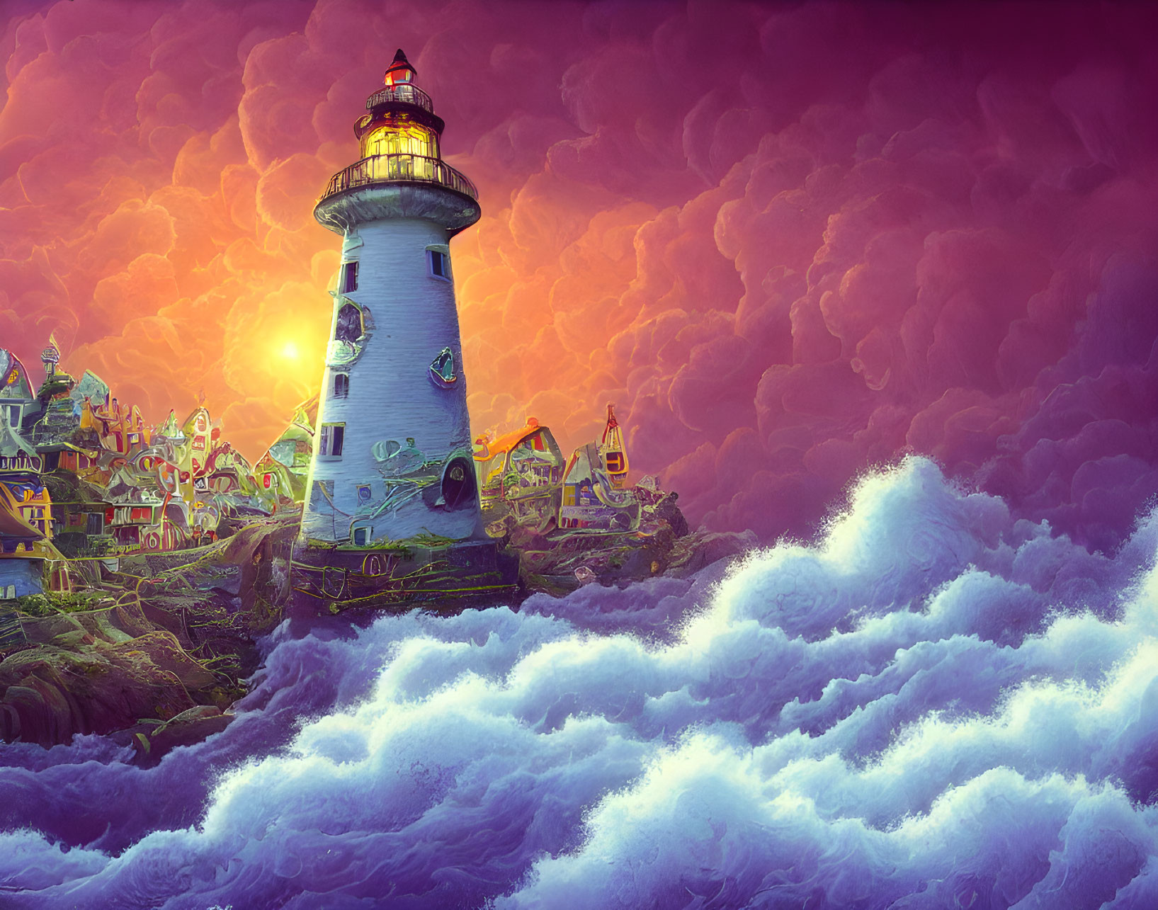 Lighthouse illustration on rocky shores with village and purple sky