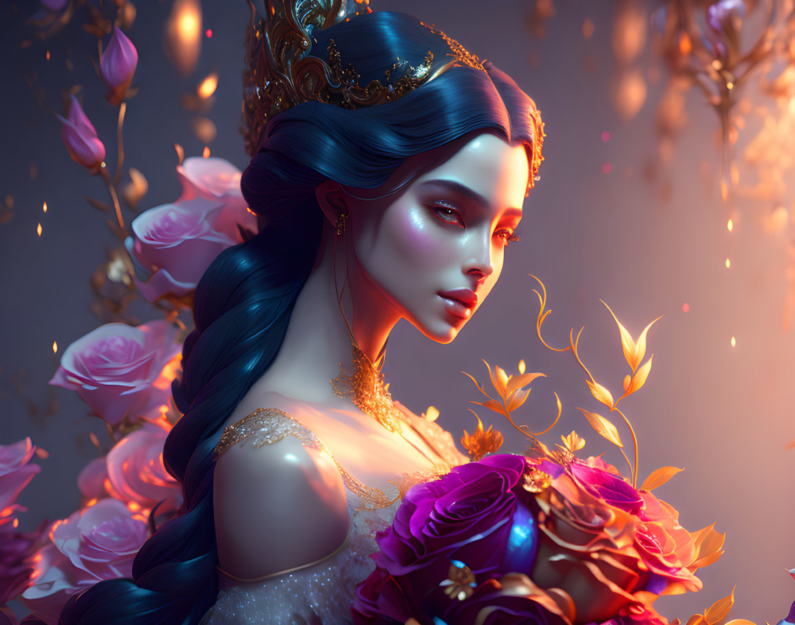 Regal woman with blue hair and golden crown among glowing flowers