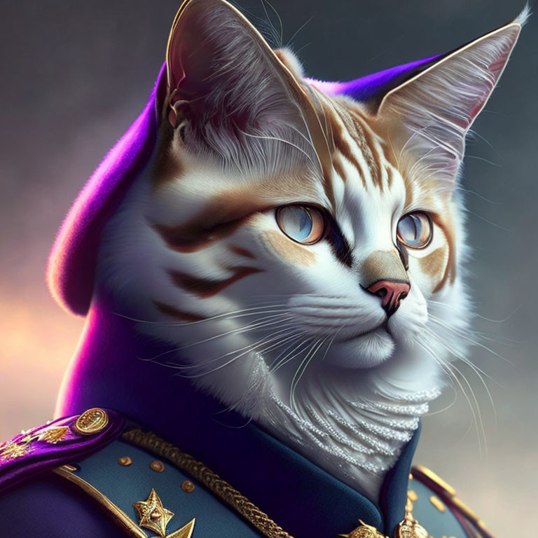 Detailed illustration of a cat in military uniform with amber eyes