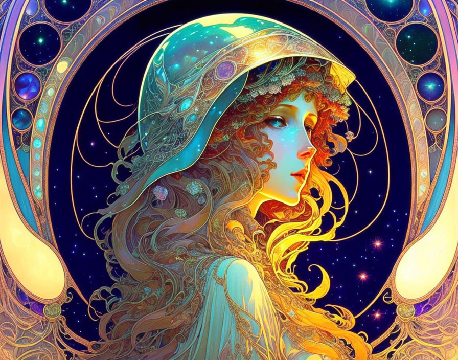 Woman with curly hair in cosmic-themed helmet framed by golden Art Nouveau design