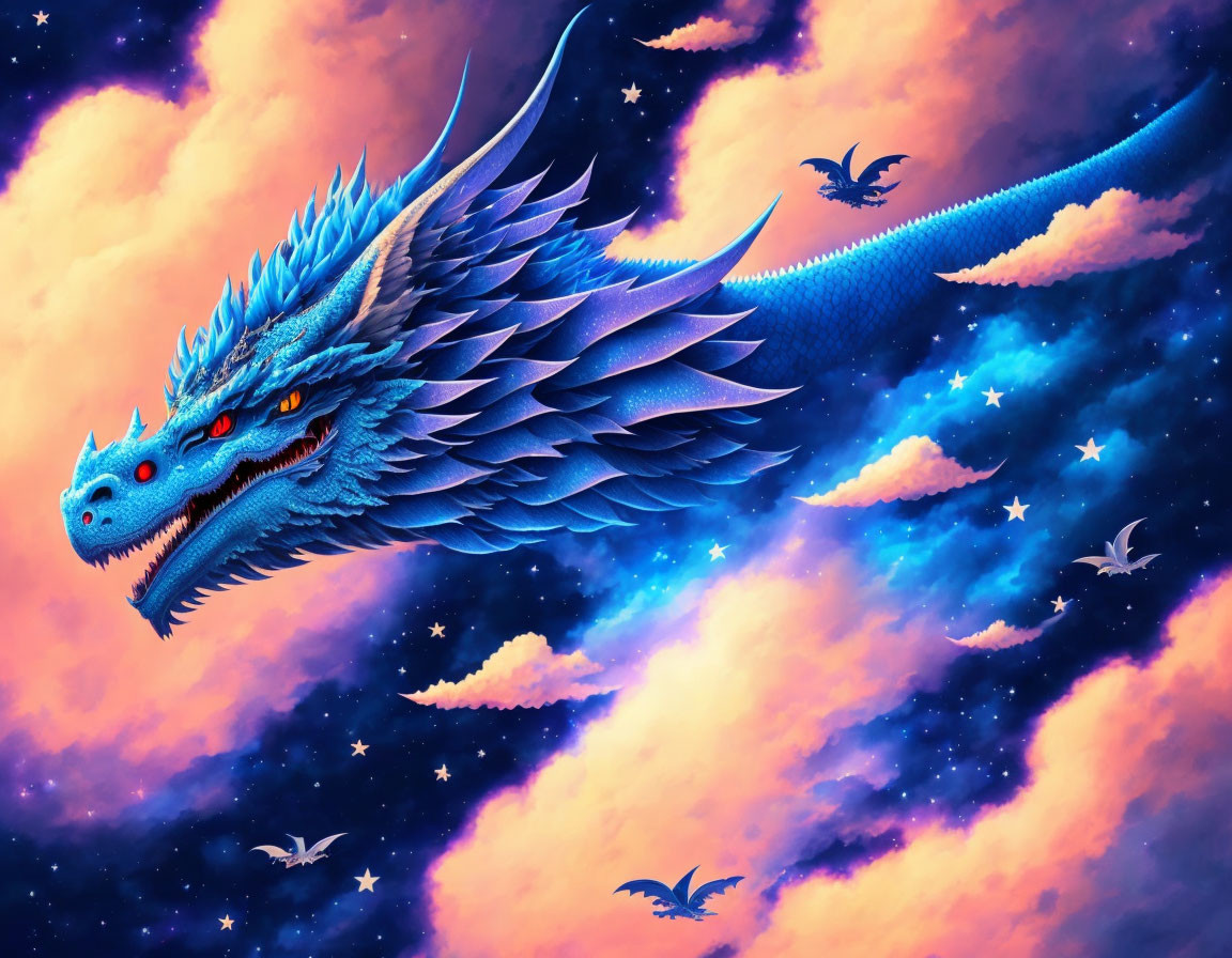 Colorful illustration: Blue dragon soaring in cosmic sky with stars and silhouettes