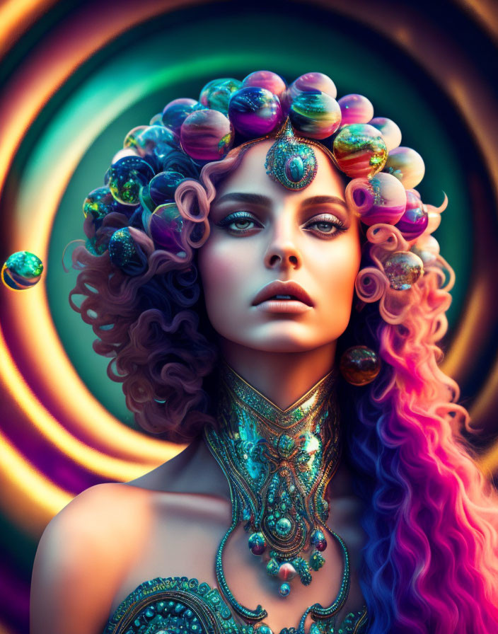 Woman with ombre curly hair and iridescent bubbles in hypnotic background